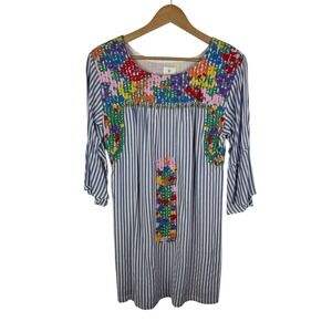 J. Marie Striped‎ Floral Embroidered Mini Dress XS Bell Sleeve Colorful Cottage